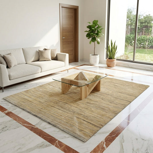Streepje rug with thin stripes in beige and dark gray, laid flat with fringed edge.