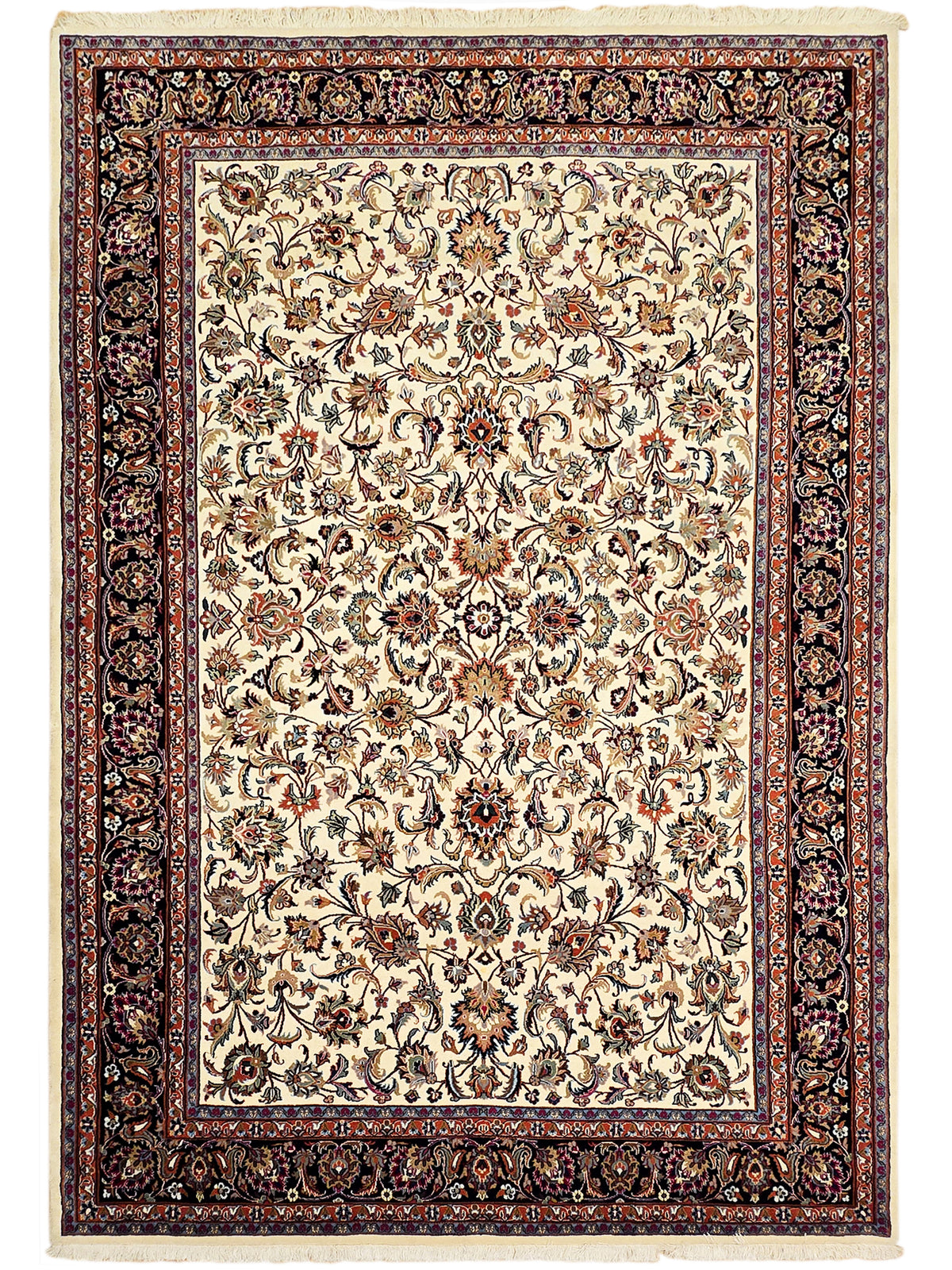 Cream floral ornamental rug with dark border and fringed edges