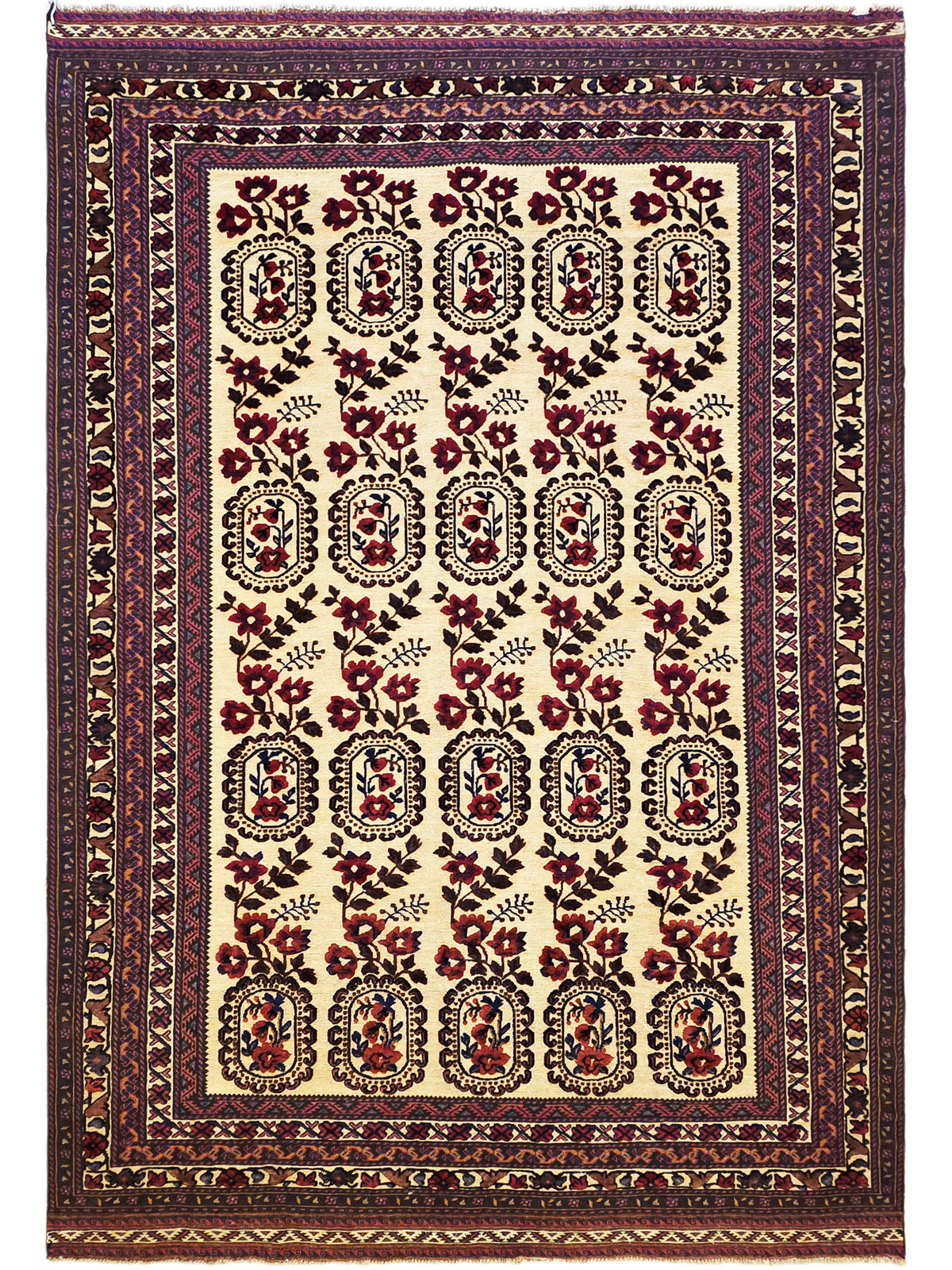 Large area rug with cream field, burgundy and navy medallion floral pattern border.