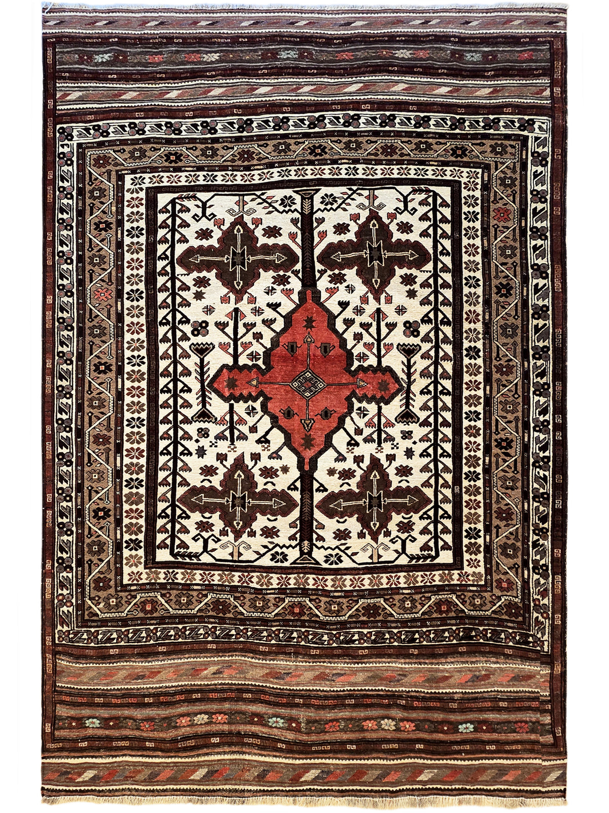 Soumak rug square design with red diamond medallion on cream field and dark patterned frame