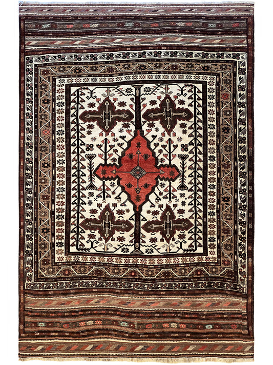 Soumak rug square design with red diamond medallion on cream field and dark patterned frame
