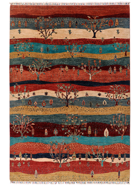 Ariana Gabbeh rug close-up with teal, red, and tan bands and stylized trees.