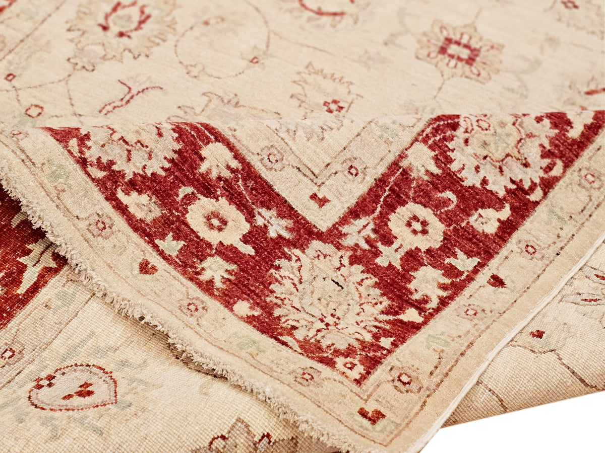 Ziegler Afghan rug close-up corner, cream weave with deep red ornamental details