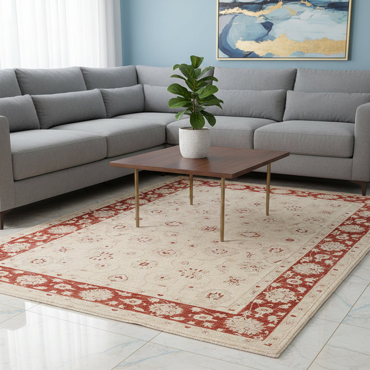 Ziegler Afghan rug with cream base and red ornamental border pattern