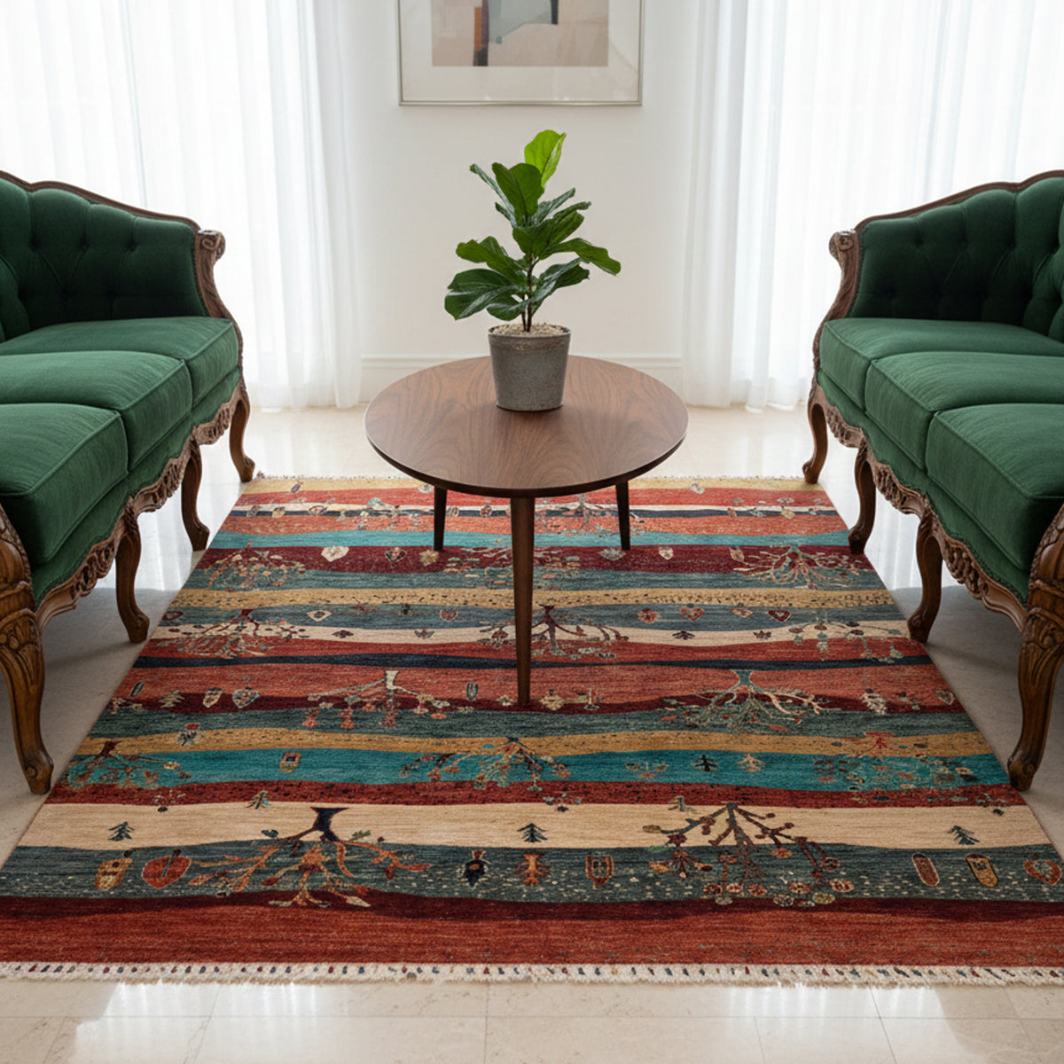 Ariana Gabbeh rug with multicolor horizontal bands, tree motifs, and fringed edges.