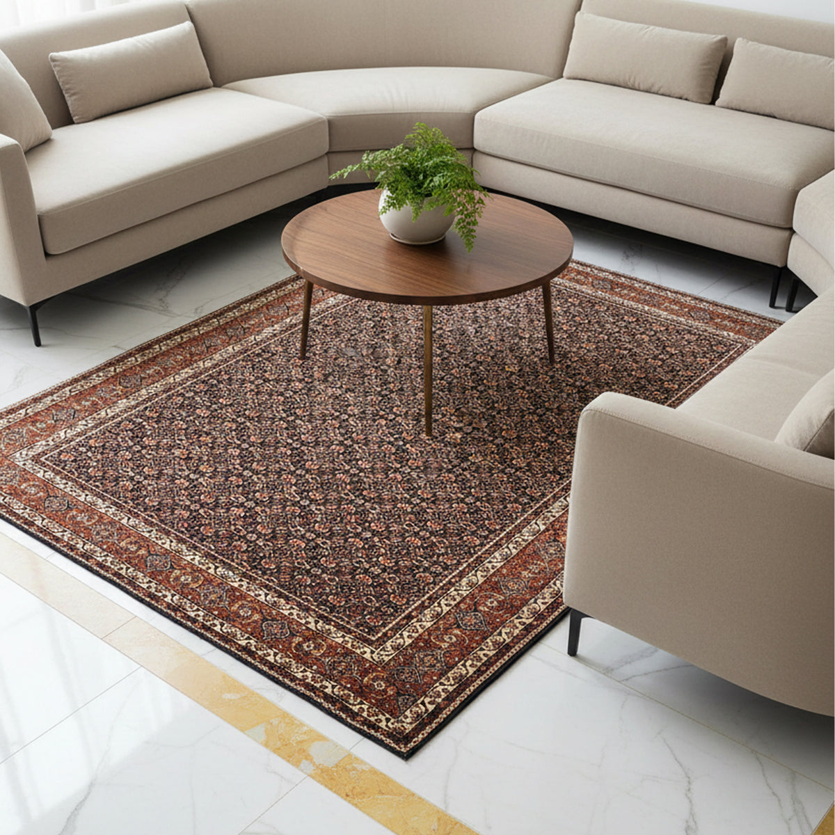 Rectangular geometric rug in dark red and rust tones placed on living room floor