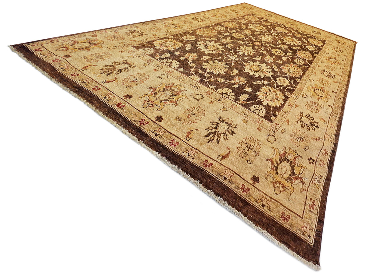 Decorative area rug with beige center panel, dark-brown floral motifs, and patterned edge