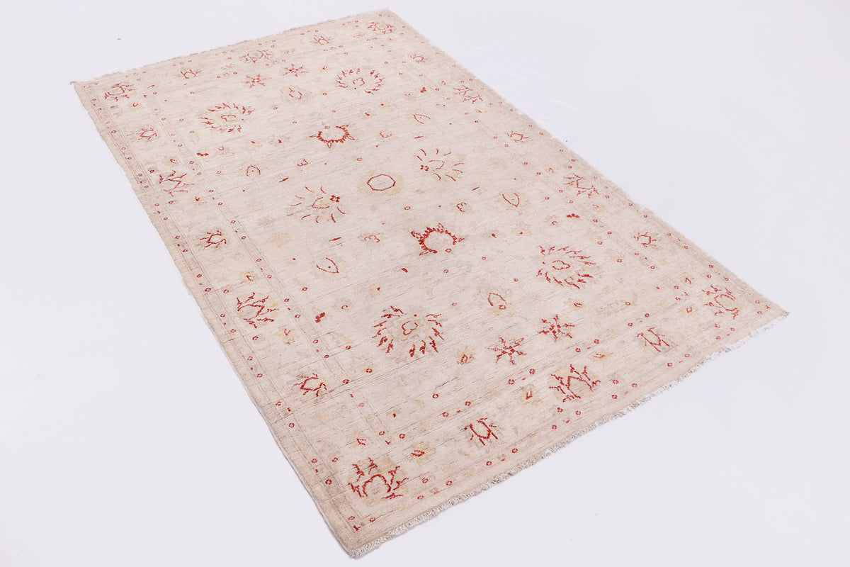 Beige area rug with scattered red floral and geometric motifs, flat view