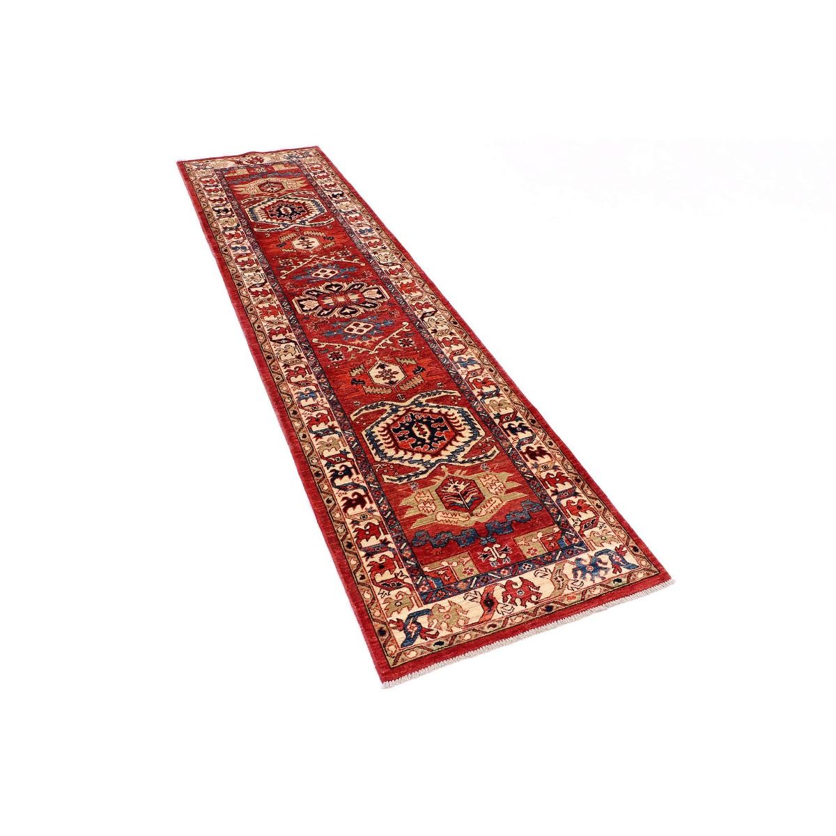 Red Kazak runner rug laid at an angle, detailed cream and navy border
