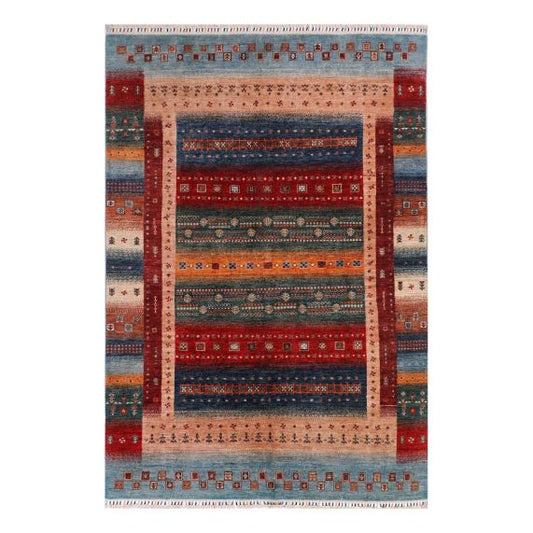 Gabbeh-style rug with red, teal, and beige geometric border and central medallion
