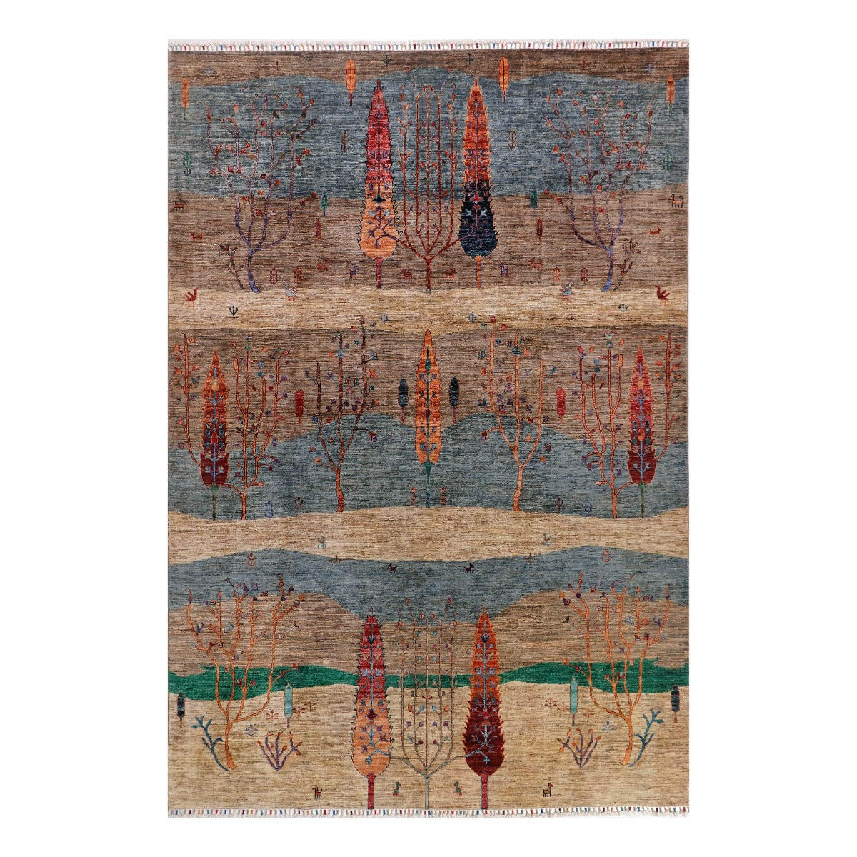Ariana Gabbeh rug with blue, tan, and rust geometric tree pattern
