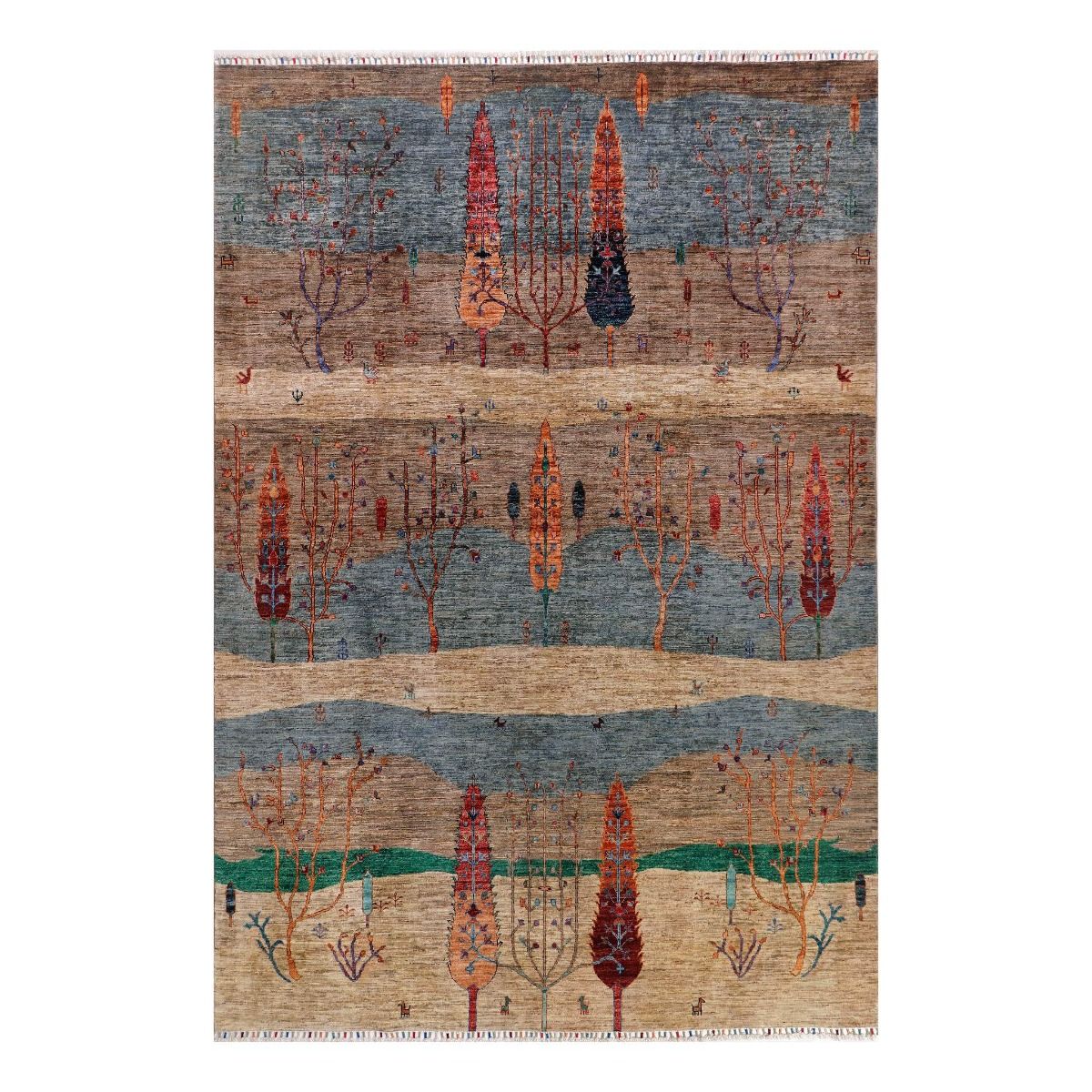 Ariana Gabbeh rug full view with blue ground and rust tree medallion motifs