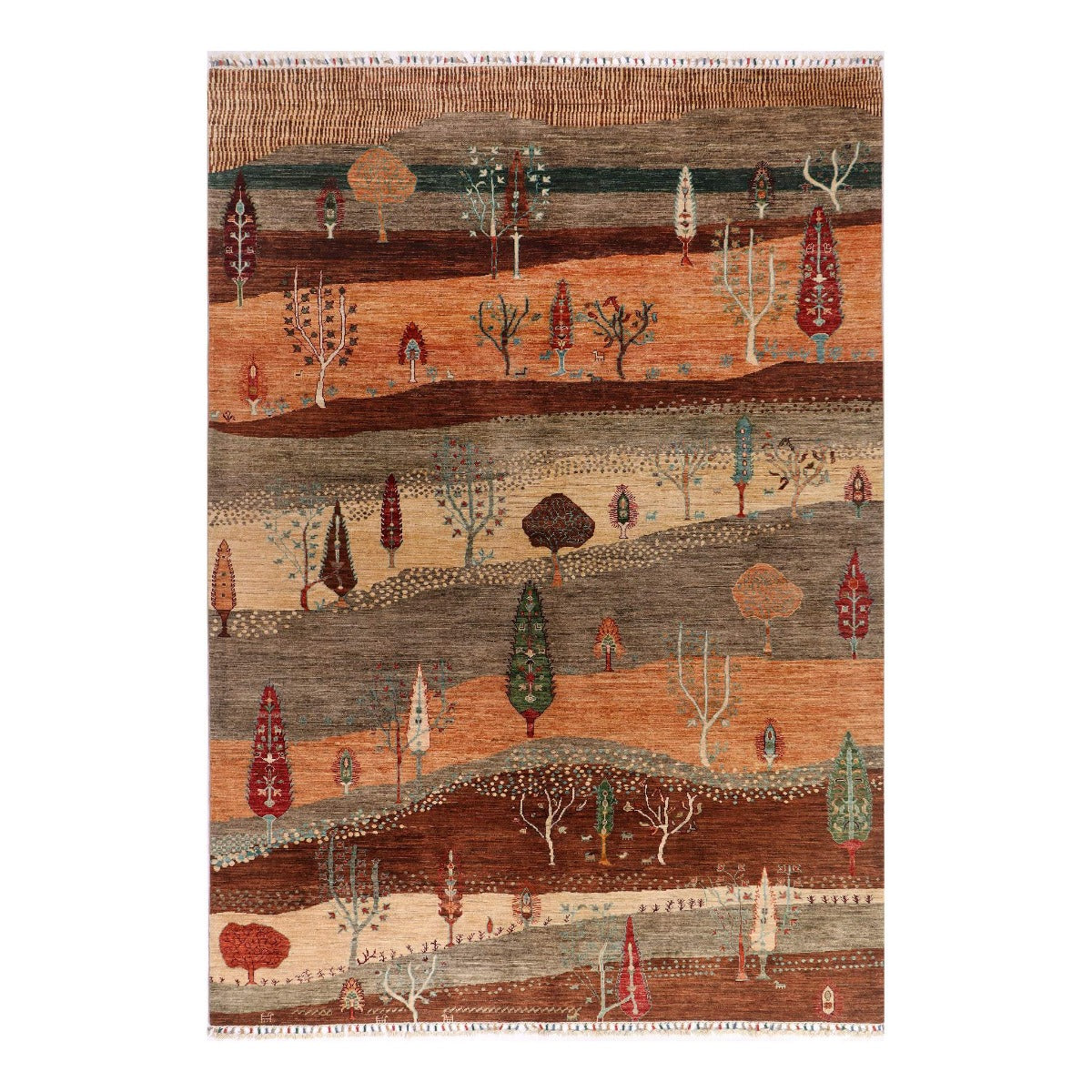 Multicolor patterned rug with rows of trees and figures in rust, teal, and dark brown