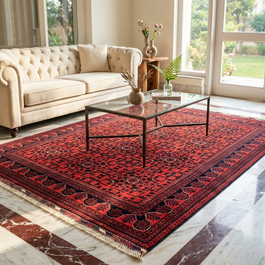 Khalmohamdi rug, 228x168 cm, red geometric pattern with navy borders and fringe