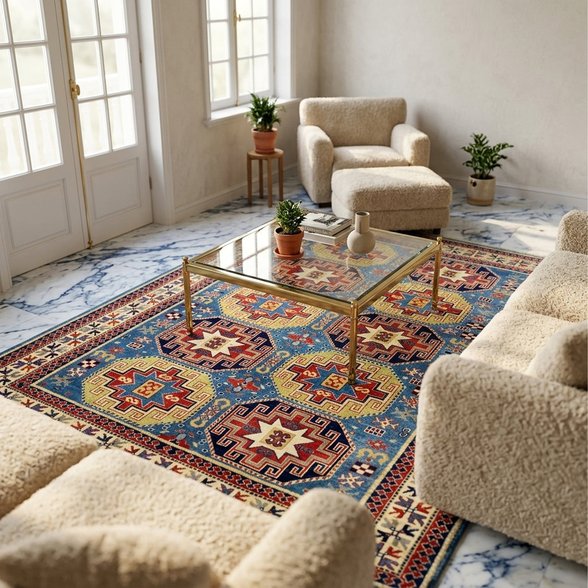 Kazak rug in living room with blue center, red and beige geometric blocks, and border.