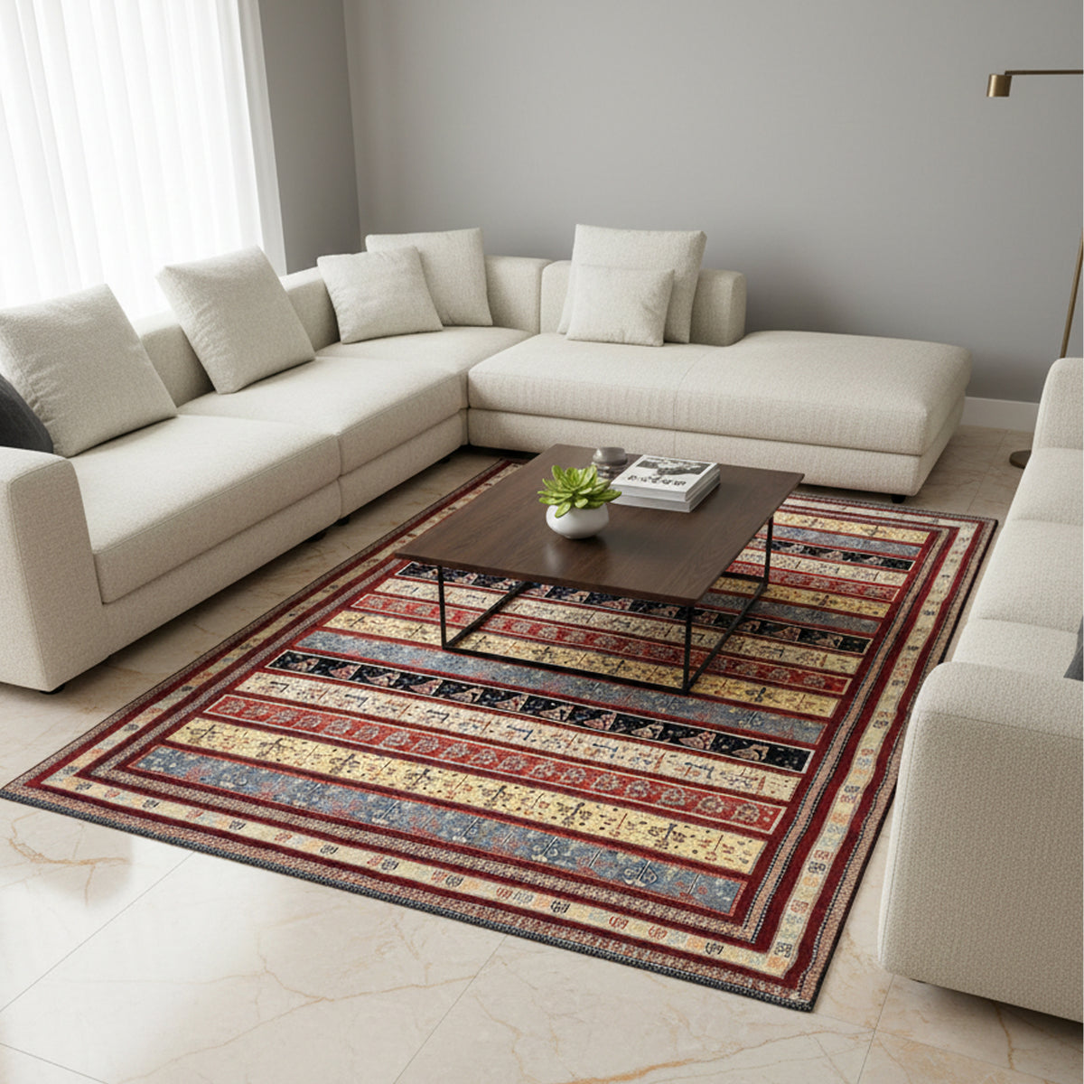 Large geometric Sirjan rug with red, navy, blue and cream border and stripes