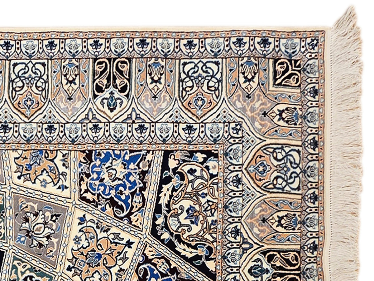 Beige, blue, and black rug panel with decorative border stripe and long fringes.