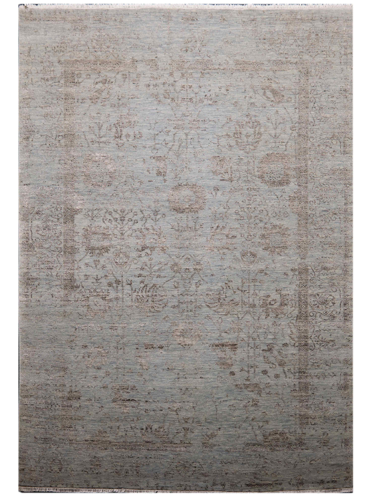Light gray distressed area rug with evenly spread abstract pattern and fringe edging