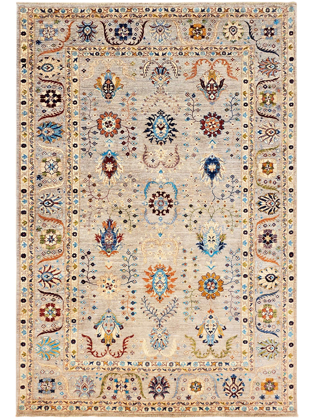 Light beige large area rug with central medallion field and multicolor corner motifs