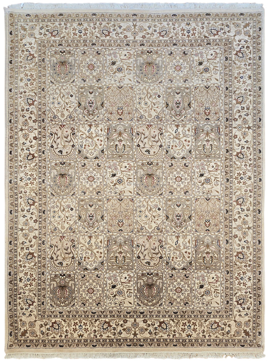 Bakhtiar rug with beige field, ornate medallion pattern and border, fringed edges.