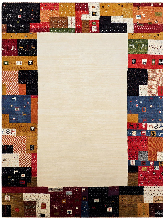 Square patchwork rug with cream center surrounded by red, black, brown blocks