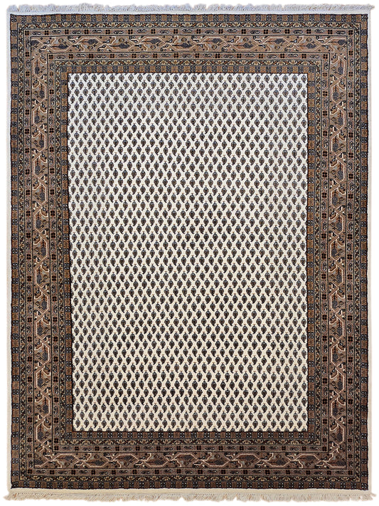 Brown and cream geometric rug with ornate border and white lattice center