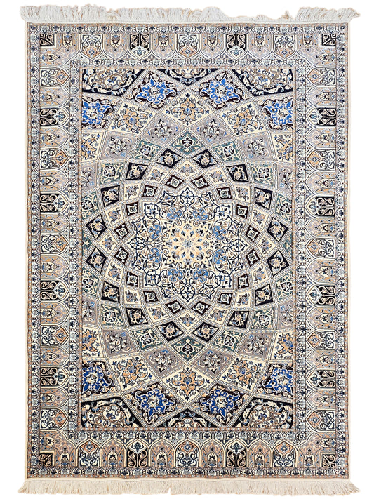 Beige and blue ornate rug with central medallion, detailed border and fringe.