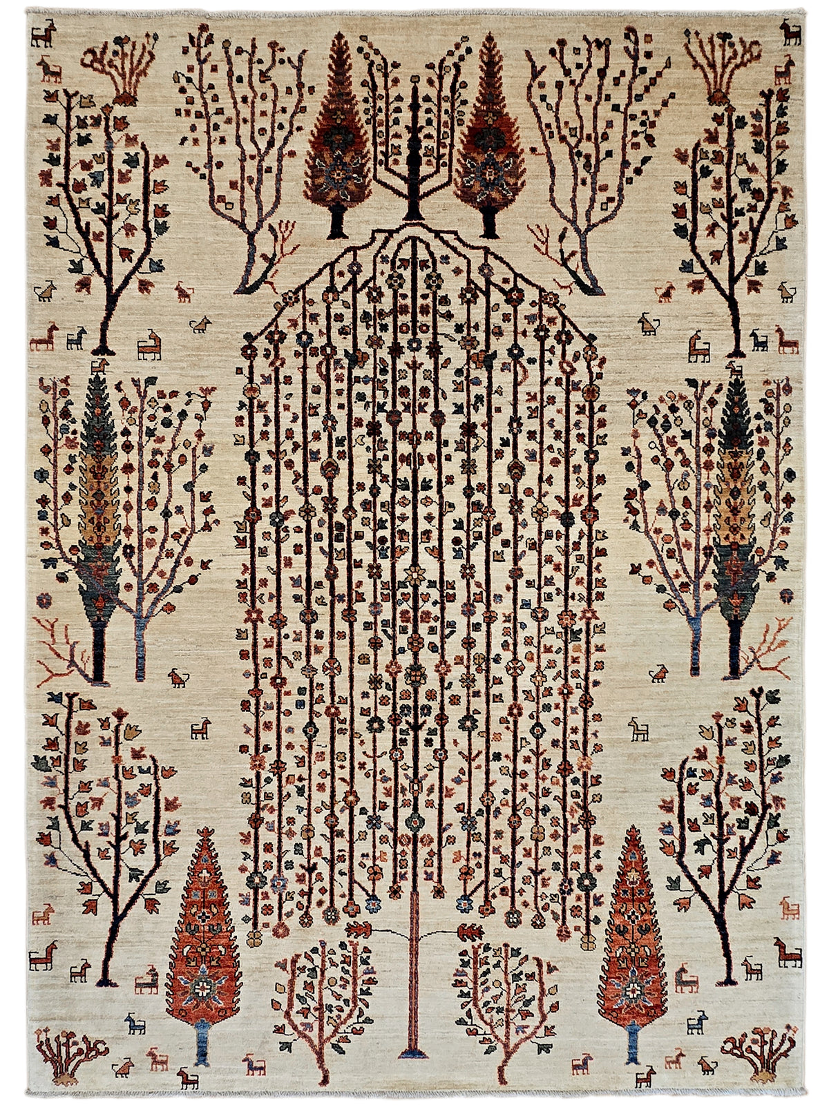 Beige rug featuring dense central rows, border trees, and rust red decorative accents