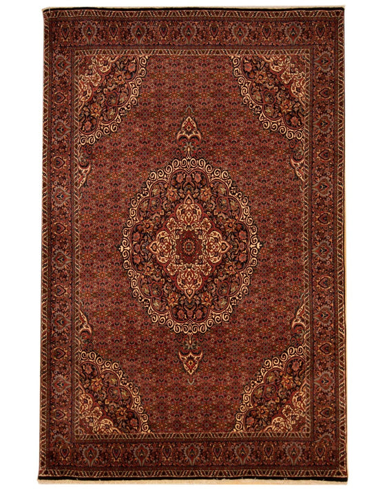 Bidjar rug in dark red with ornate central medallion and decorative border