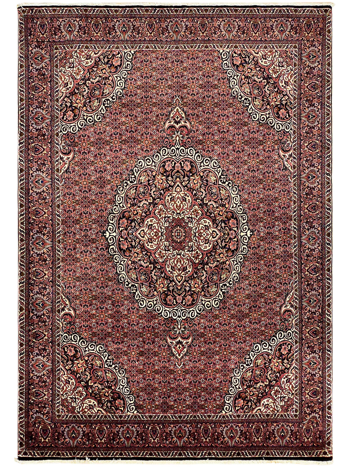 Square-shaped terracotta rug with dark center medallion and corner accents