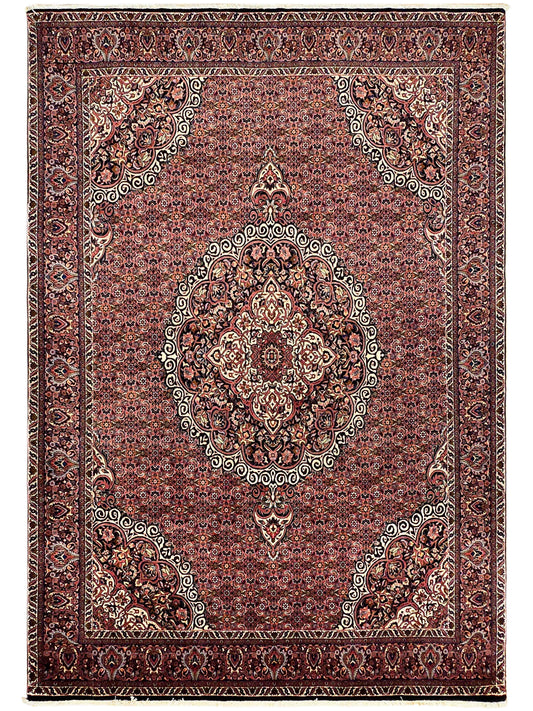 Square-shaped terracotta rug with dark center medallion and corner accents