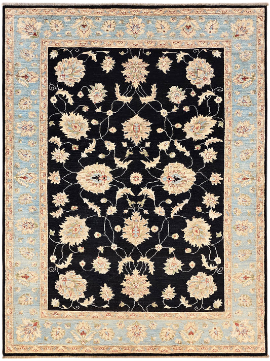 Black floral rug with light blue frame border, cream and pink blossoms on medallion