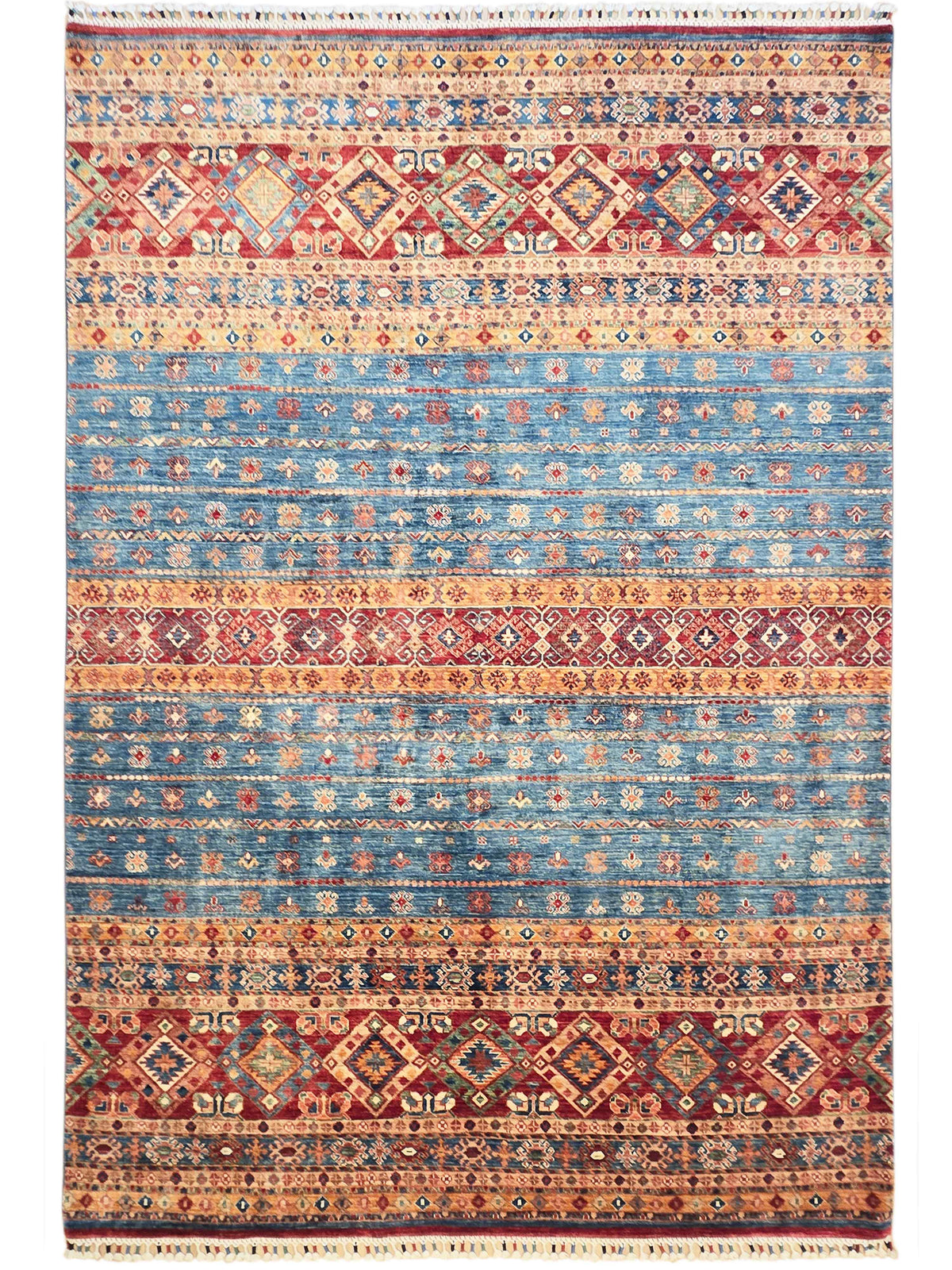Khorjin-style rug top view with red, blue, and orange striped geometric pattern and border.