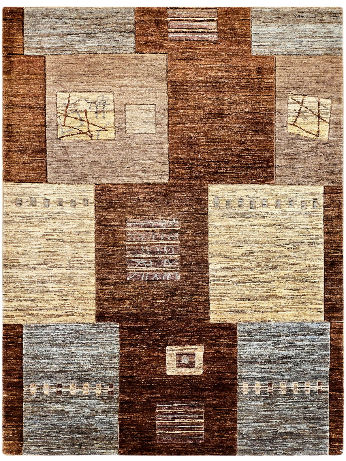 Square area rug with brown center and beige/gray block pattern, textured pile