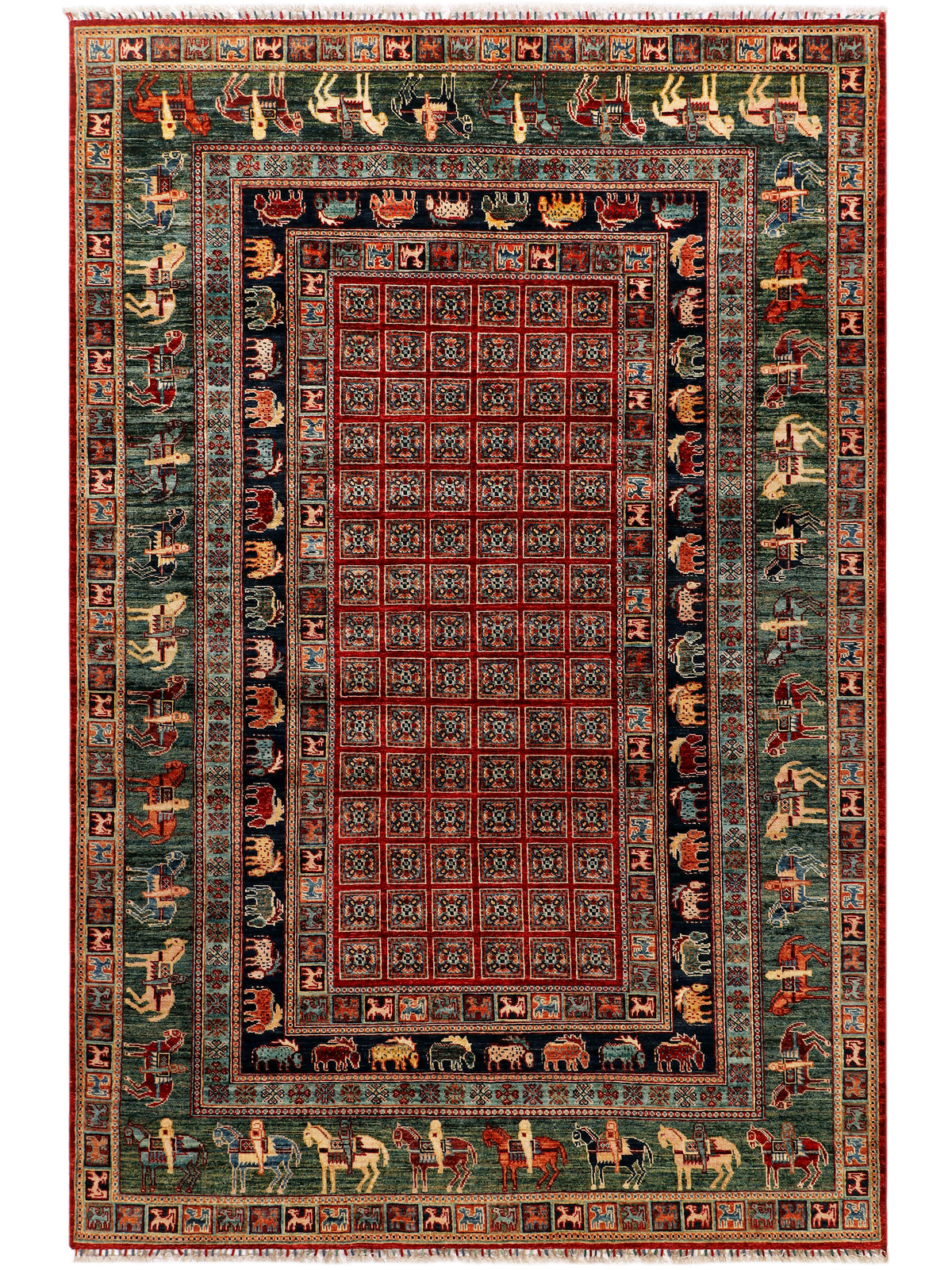 Rug with red central field, ornate border, and column-like geometric motifs.