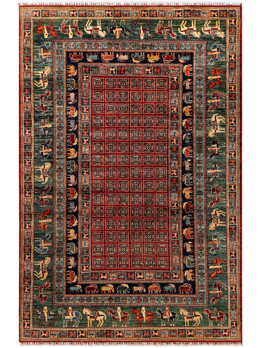 Rug with red central field, ornate border, and column-like geometric motifs.