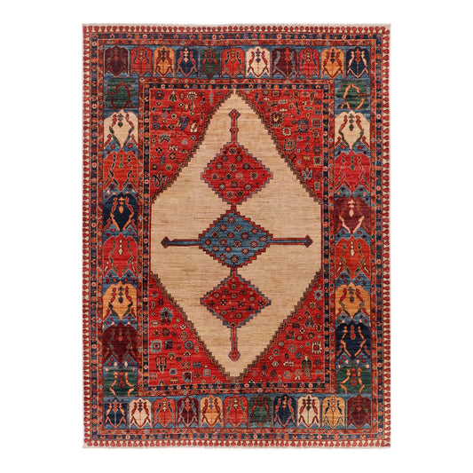 Red and blue Persian-style rug with cream diamond medallion and geometric border.