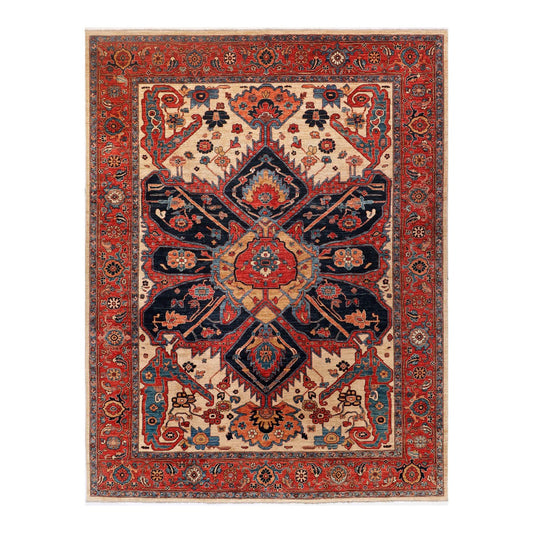 Chobi rug with red, navy and cream medallion pattern and ornate border
