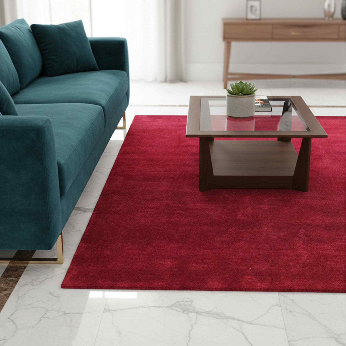 Rectangular red rug (300x200cm) with low-pile textured look and bound edges