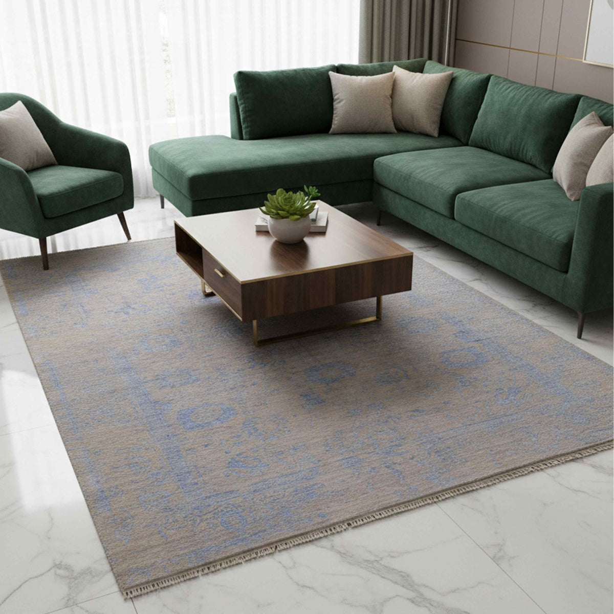 Blue abstract rug with fringe, styled on a marble floor in a living room