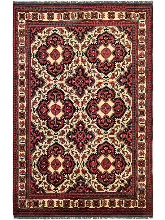Afghan rug with cream center, red and dark medallion patterns; ornate border and corner motifs.