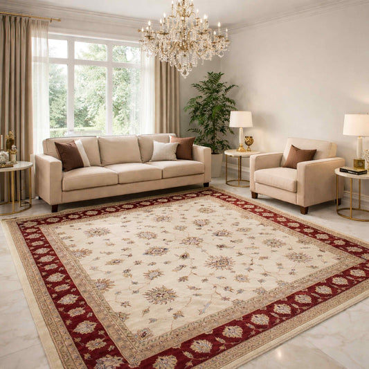 Rug with cream background and burgundy border floral pattern, decorative edge trim