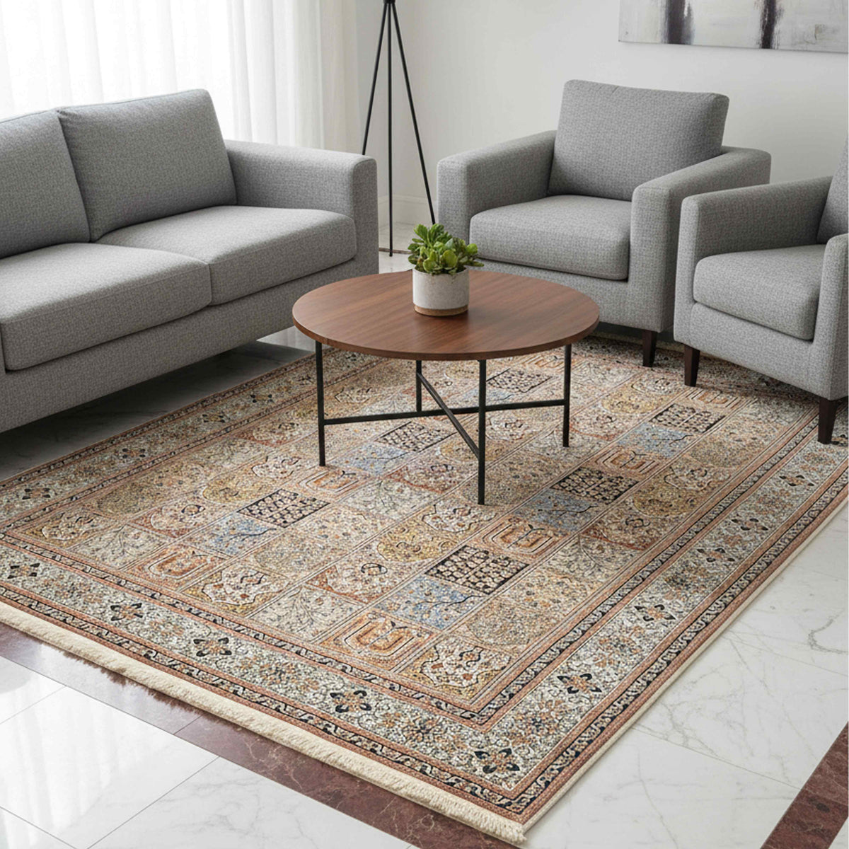 Multicolor ornate rug laid on floor in a living room, with short fringe edges