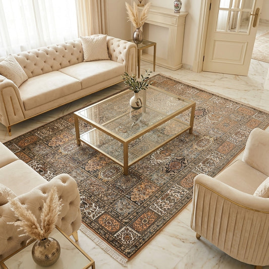 Silk rug placed in a living room, ornate multicolor pattern with fringed edges.