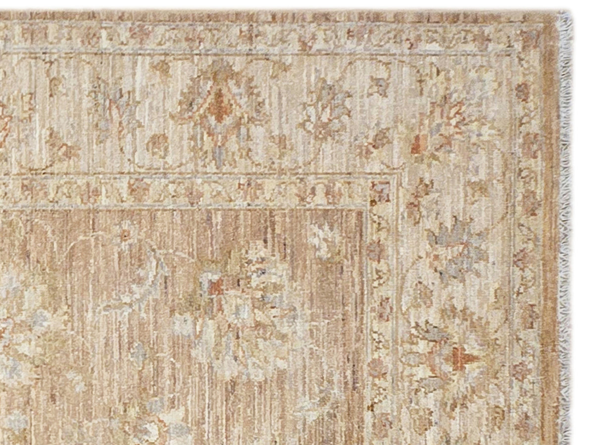 Beige area rug close-up showing worn abstract motifs and textured border