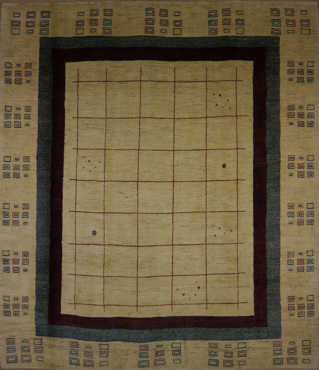 Gabbeh rug with beige grid pattern and dark border, rectangular weave