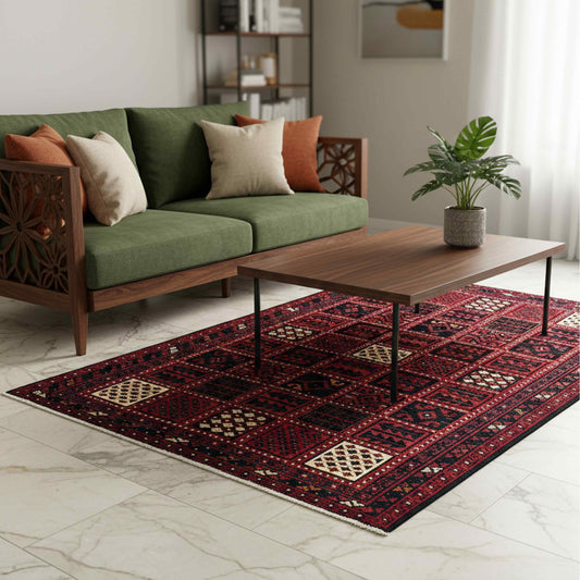 Persian-style area rug with dark red and cream diamond motifs, laid flat in living room.