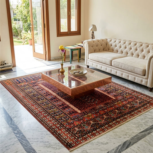 Turkmen Ersari rug with geometric medallion pattern in red, navy, and beige