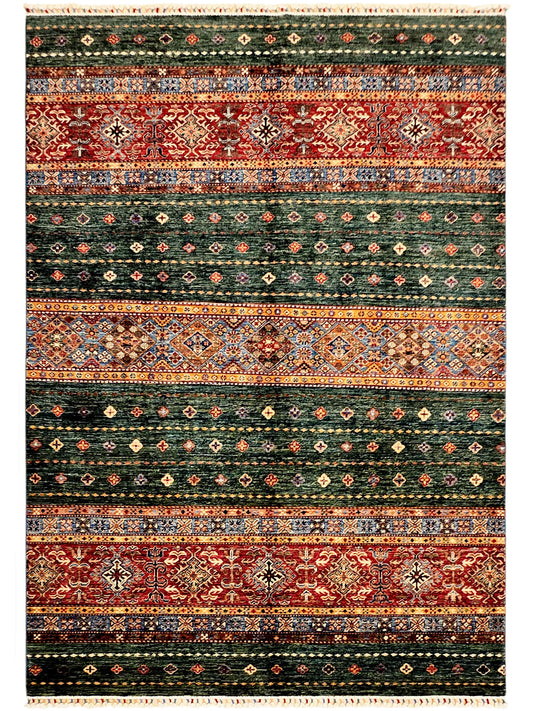 Full view of multicolor geometric area rug with green border and red center panels