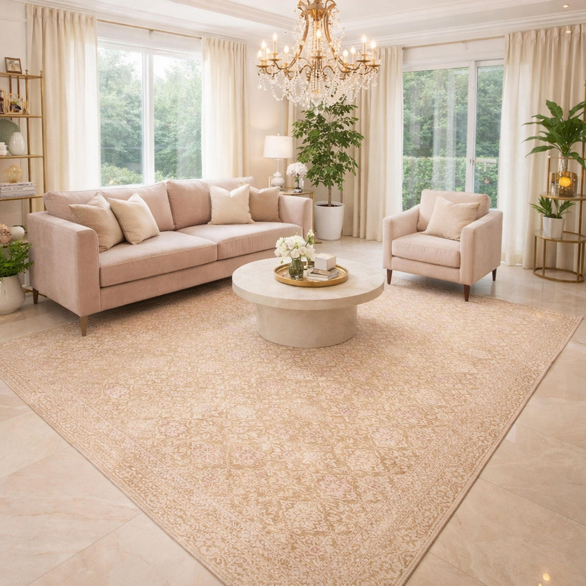 Beige area rug with subtle cream and pink floral geometric pattern on living-room floor